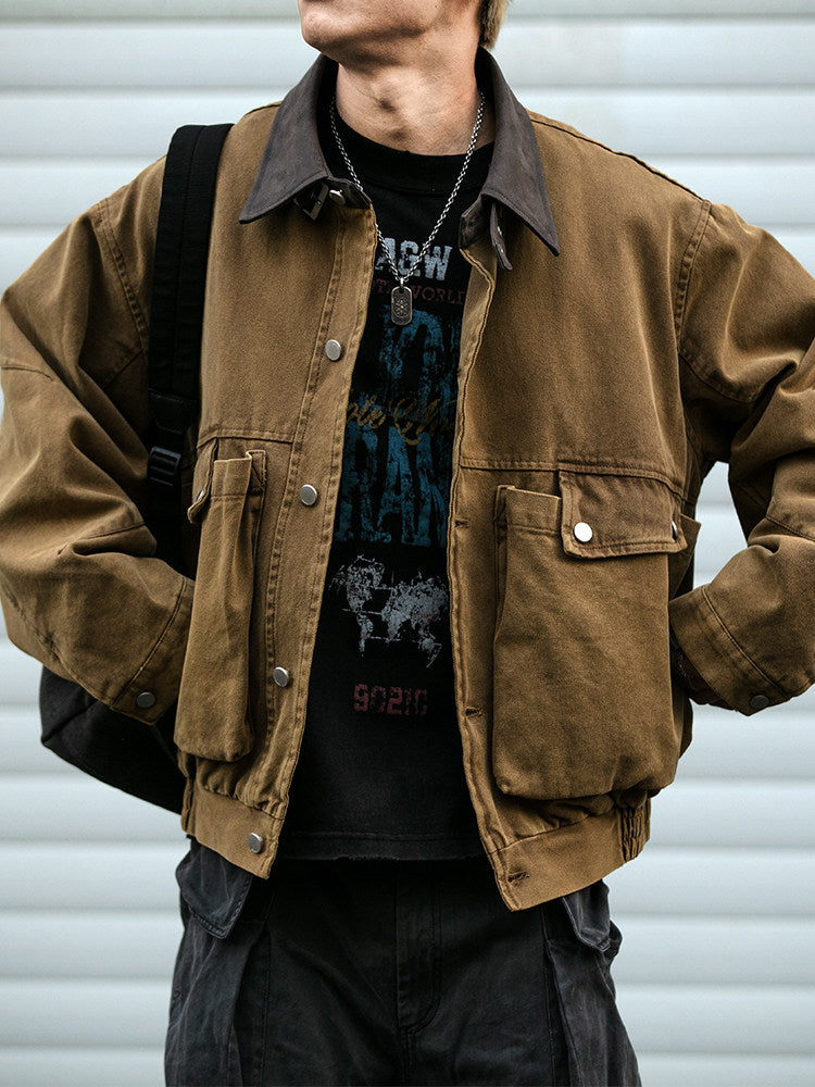 Washed Patchwork Lapel Cargo Jacket – American Retro Oversized Unisex