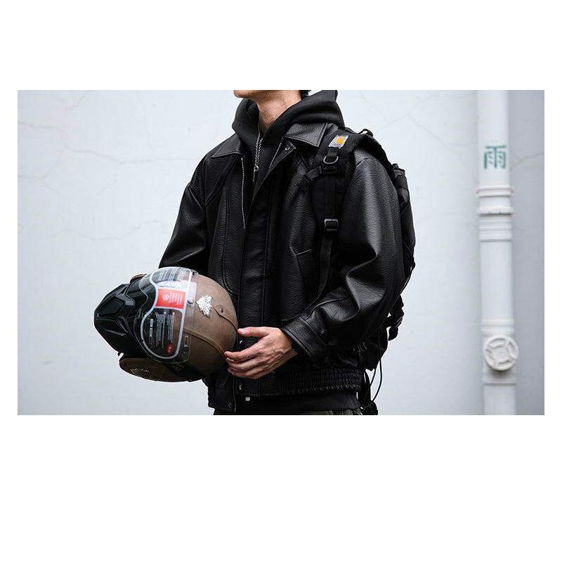 Lychee-Grain PU Leather Lapel Jacket – American Retro Oversized Unisex