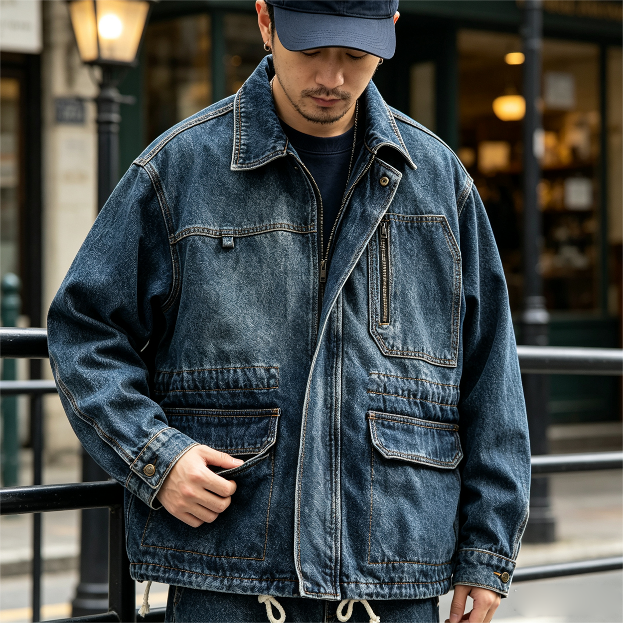Heavyweight Washed Denim Jacket – Vintage Workwear Multi-Pocket Drawstring Coat