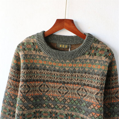100% Wool Jacquard Stripe Crew Neck Sweater – Men's Thick Knit Pullover