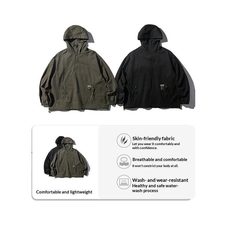 Washed Hooded Half-Zip Pullover Jacket – Japanese Vintage Oversized Unisex
