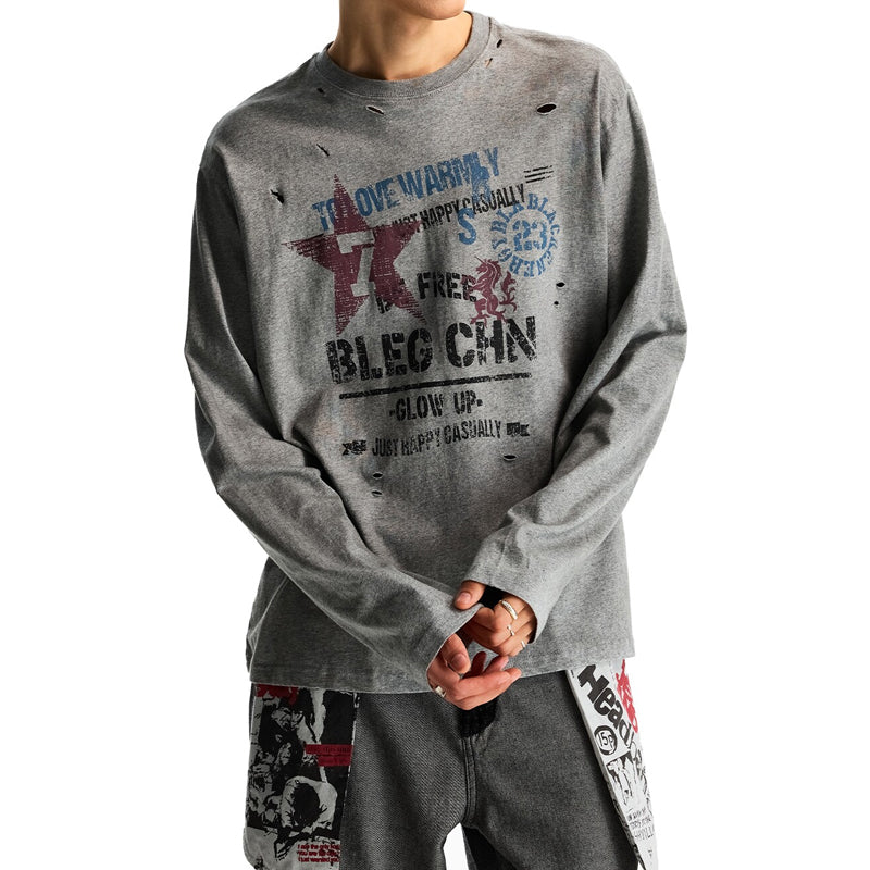 Vintage Distressed Ripped Long-Sleeve T-Shirt – Oversized Unisex Graphic Pullover Top