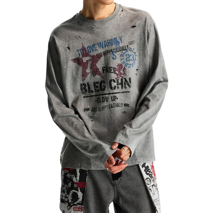Vintage Distressed Ripped Long-Sleeve T-Shirt – Oversized Unisex Graphic Pullover Top