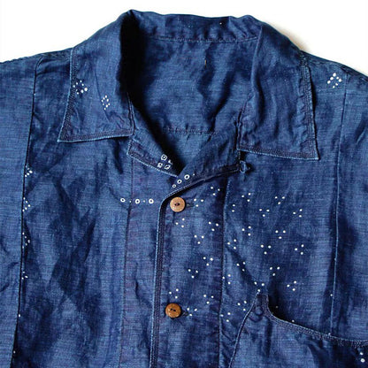 Blue Dyed Denim Print Stitching Shirt – Japanese Retro Unisex Casual