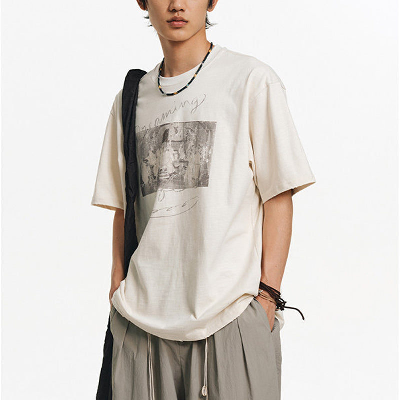 Two-Tone White Ink Print Crew Neck T-Shirt – Cool Feel Short Sleeve Japanese Streetwear for Men – Japanese vintage | yamalin clothes | Yamalinclothes