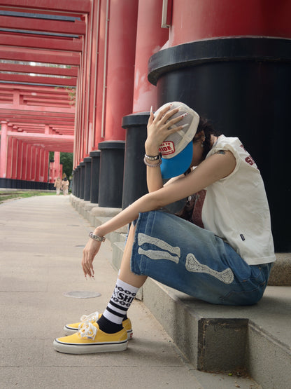 Loose Embroidered Bone Distressed Denim Shorts – Washed Unisex Oversized Streetwear