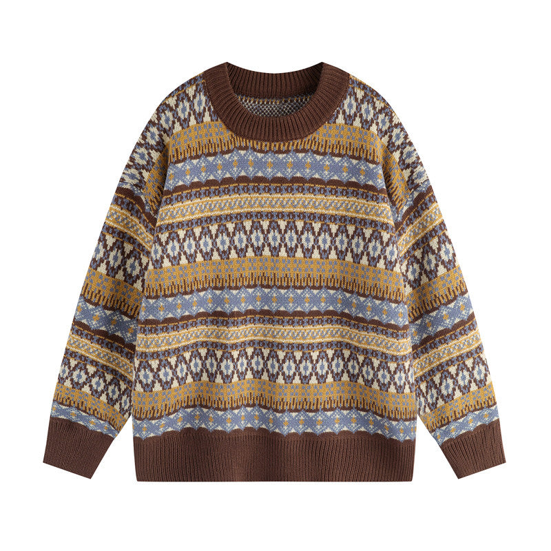 Fair Isle Vintage Knit Sweater – Oversized Unisex Brown Apricot
