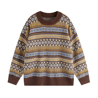 Fair Isle Vintage Knit Sweater – Oversized Unisex Brown Apricot