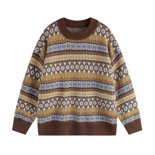 Fair Isle Vintage Knit Sweater – Oversized Unisex Brown Apricot