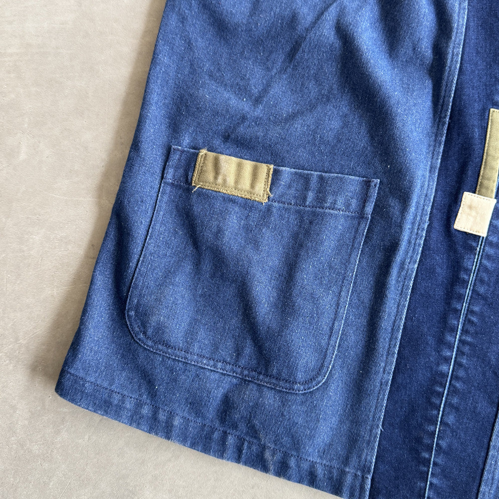 {{ Vintage Patchwork Distressed Denim Jacket – Oversized Washed Workwear Coat for Men – Japanese vintage | yamalin clothes | Yamalinclothes }}