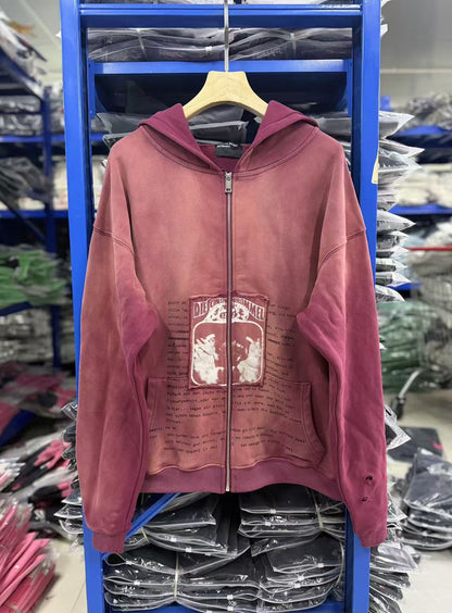 Washed Distressed Zip-Up Hoodie – Men's Oversized Casual Sweatshirt Jacket