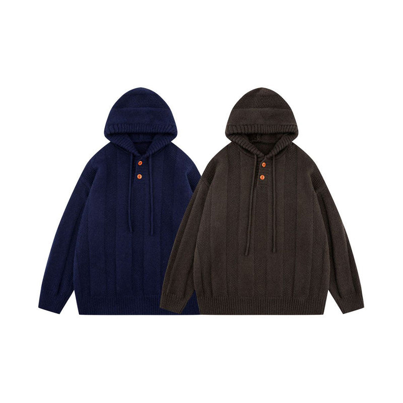 Japanese Hooded Knit Pullover – Unisex Oversized Thick Blue Coffee