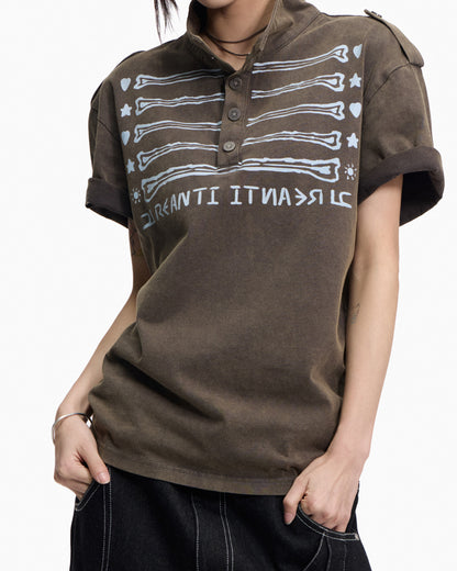 Illusion Print Stand-Collar Polo Shirt – Heavyweight Distressed Streetwear Tee