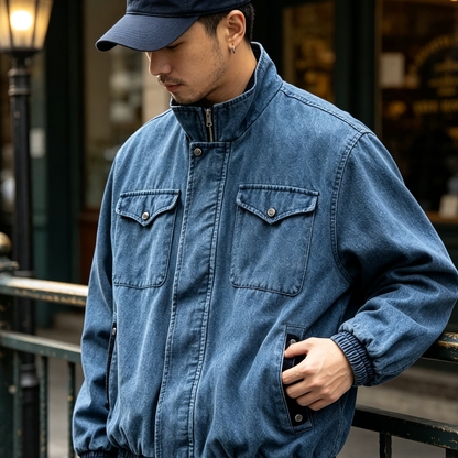 Japanese Workwear Multi-Pocket Stand Collar Jacket – Loose Oversized Men's Coat