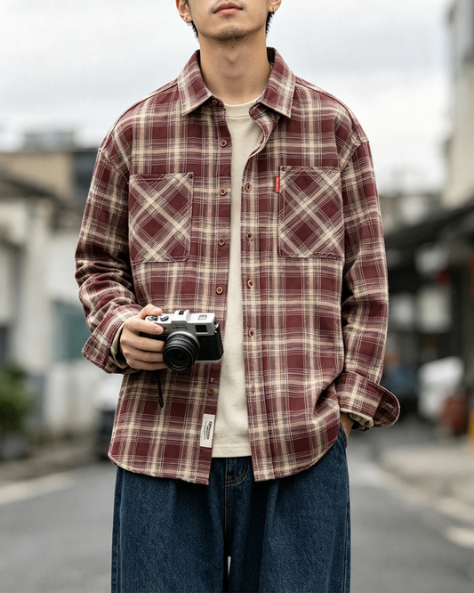 Japanese Plaid Workwear Shirt – Men's Washed Cotton Large Pocket Long-Sleeve – Japanese vintage | yamalin clothes | Yamalinclothes