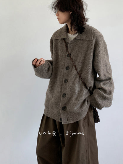 Collegiate Vintage Knit Cardigan – Unisex Oversized Grey Oatmeal