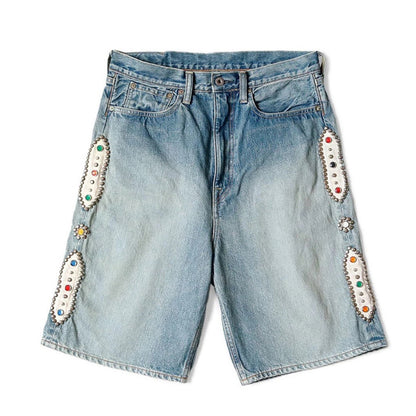 Japanese Retro Washed Denim Shorts – Gemstone Stud Detail Casual Streetwear