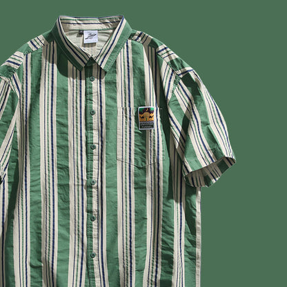 Contrast Vertical Stripe Short Sleeve Shirt – Niche Genderless Casual – Japanese vintage | yamalin clothes | Yamalinclothes