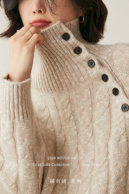 Heavy-duty lazy cashmere sweater, diagonal buttoned floral tulle, thickened twisted high-neck sweater, Korean autumn/winter new women's knitwear | Yamalinclothes