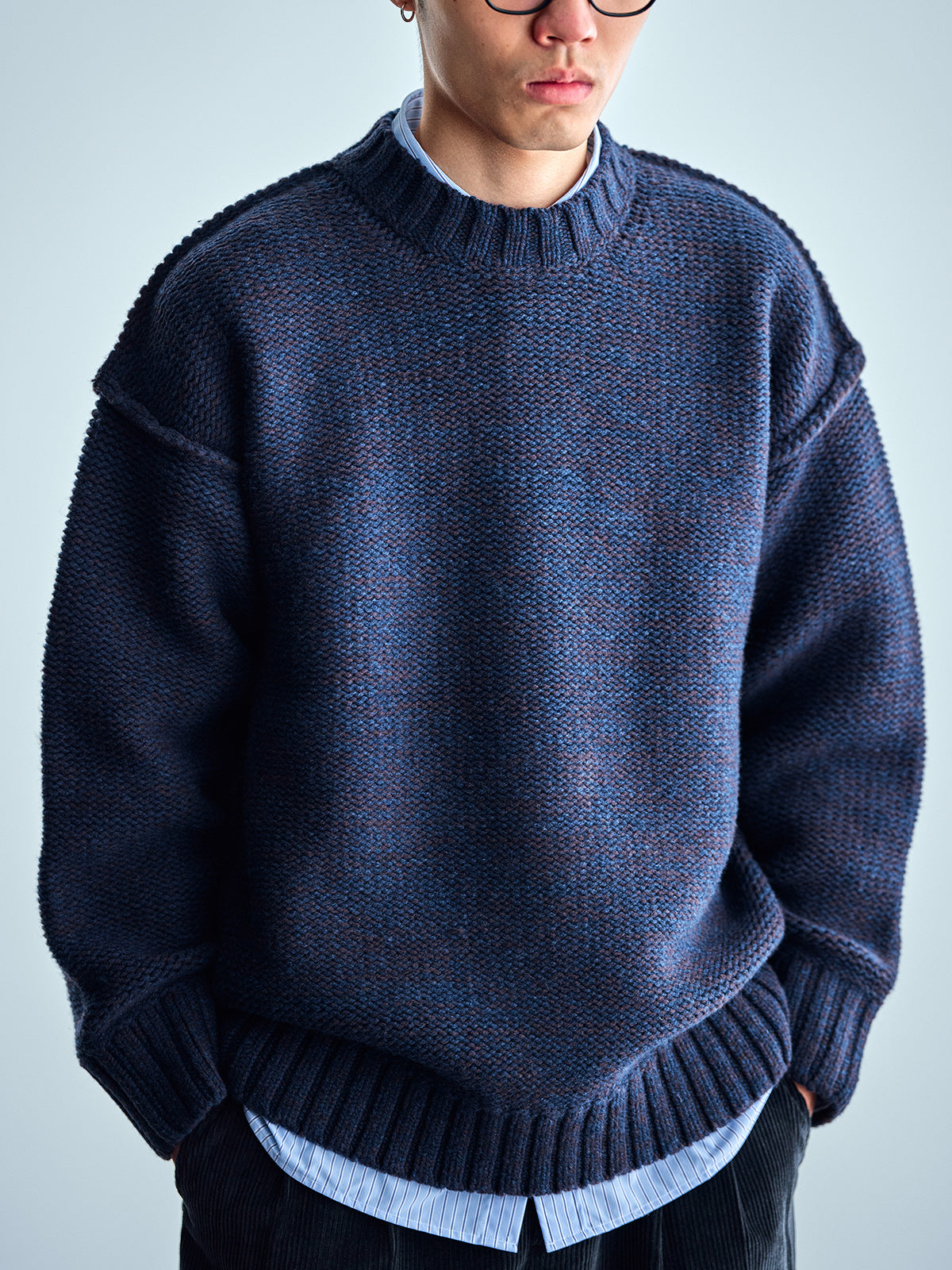 Japanese imported heavyweight high-density woven wool round neck pullover long-sleeved sweater