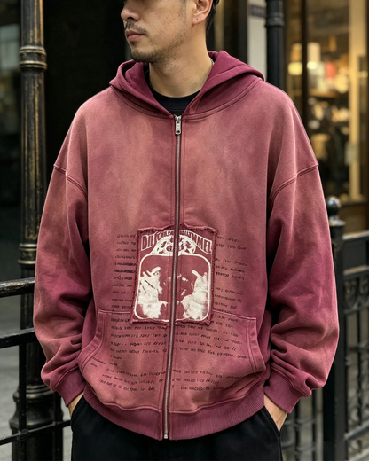 Washed Distressed Zip-Up Hoodie – Men's Oversized Casual Sweatshirt Jacket