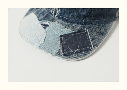 Vintage Patched Distressed Denim Baseball Cap – Japanese Workwear Unisex Adjustable Hat
