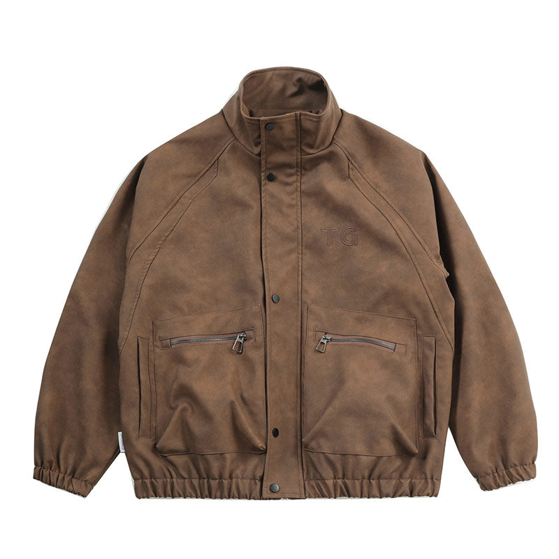 Letter Embroidery Stand-Collar Moto Jacket – American Retro Oversized Unisex
