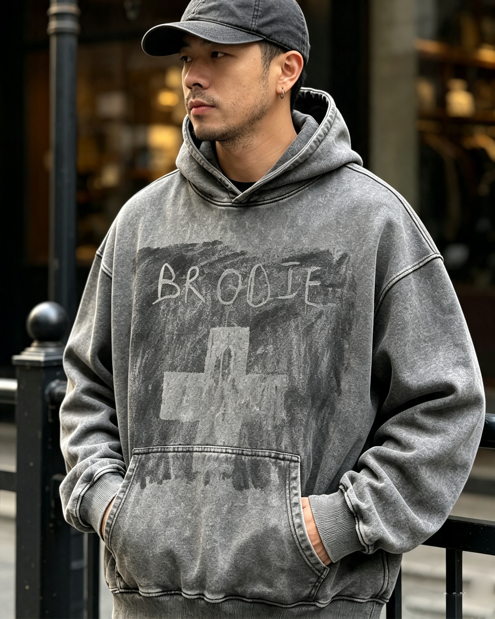 Vintage Washed Batik Heavyweight Hoodie – Unisex Oversized Distressed Sweatshirt