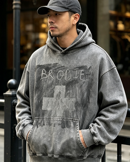 Vintage Washed Batik Heavyweight Hoodie – Unisex Oversized Distressed Sweatshirt