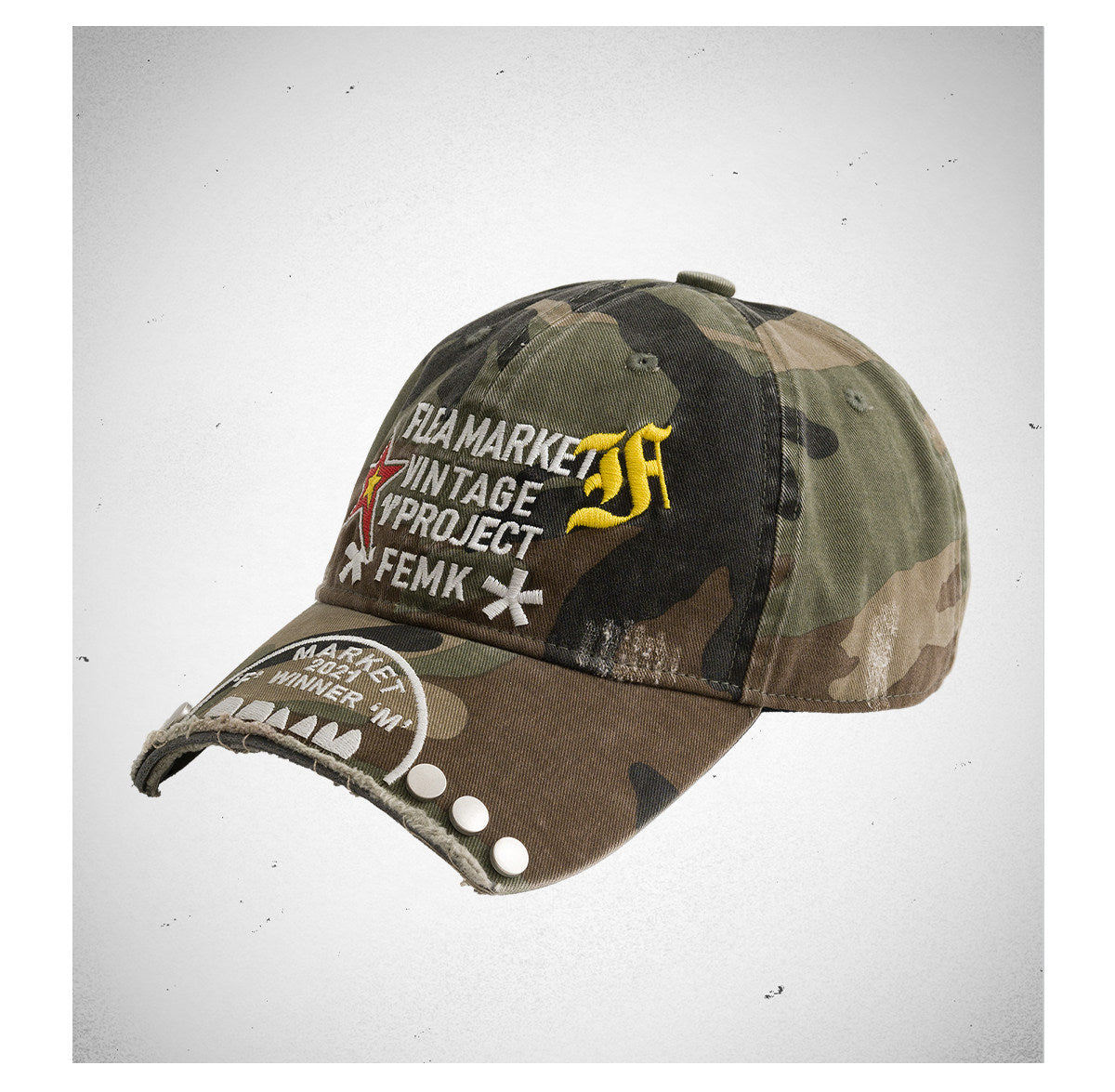 Embroidered Rivet Curved Brim Baseball Cap – Camo Washed Unisex – cap | japanese streetwear | vintage workwear | unisex | Yamalinclothes