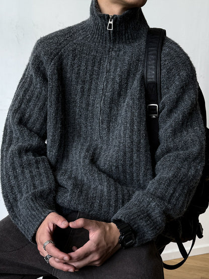 Half-Zip Stand Collar Knit Pullover – Loose Lazy Men – Japanese vintage | yamalin clothes | Yamalinclothes