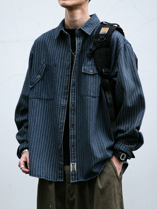 Striped Denim Shirt – Asymmetric Chest Pockets | Yamalinclothes