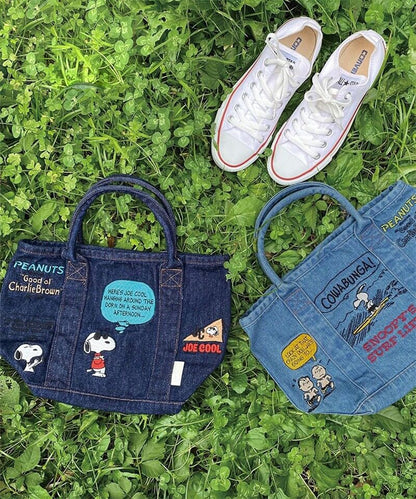 Denim Canvas Embroidery Tote Bag – Cute Cartoon Portable Handbag
