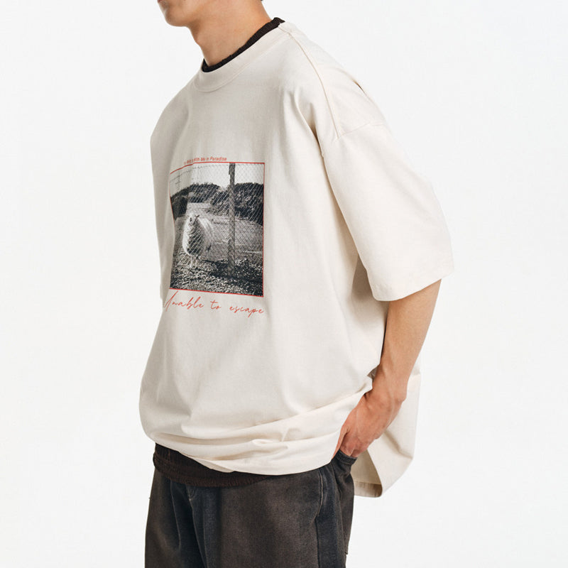 White ink direct printing cool-feel sun protection loose round neck short-sleeved shirt | Japanese vintage | yamalin clothes | Yamalinclothes