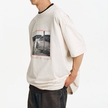 White ink direct printing cool-feel sun protection loose round neck short-sleeved shirt | Japanese vintage | yamalin clothes | Yamalinclothes