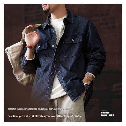 American Workwear Long Sleeve Denim Shirt Jacket - Loose Casual Vintage Denim Overshirt for Men