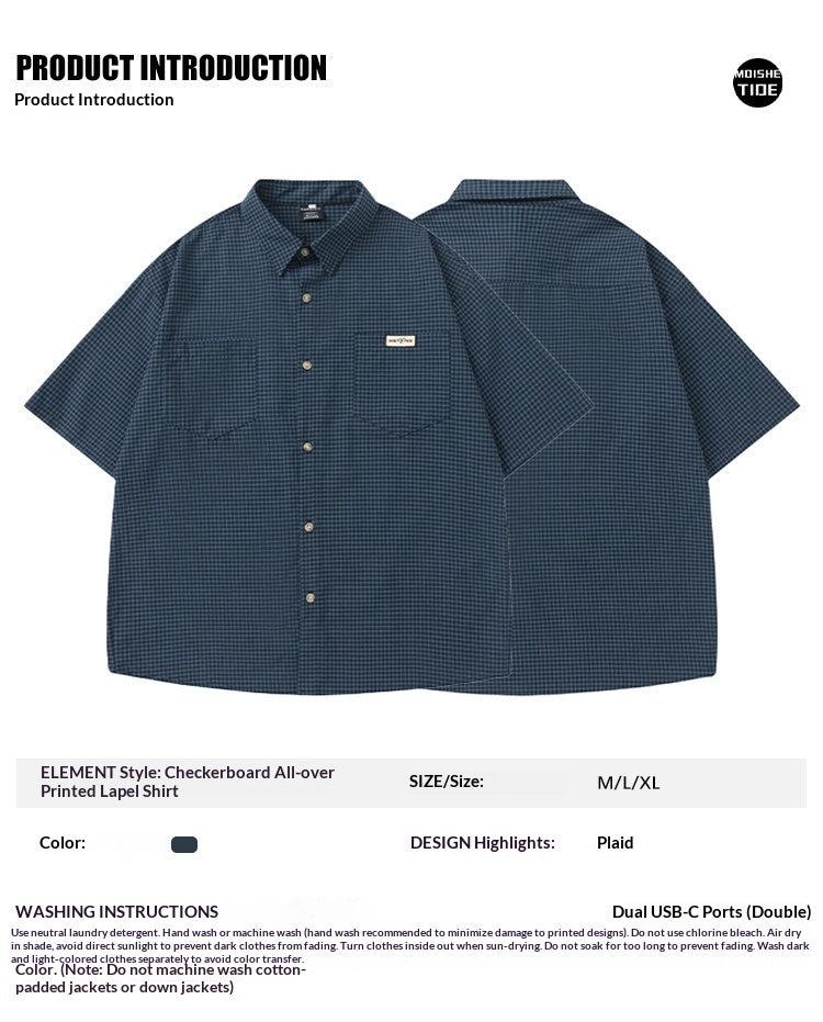Japanese vintage plaid short-sleeve shirt for men and women, summer loose versatile, high-end shirt trend