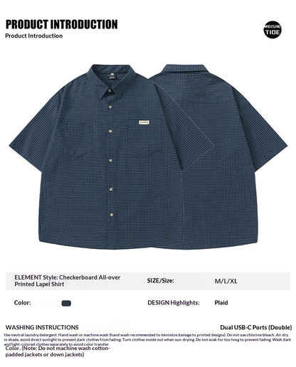Japanese vintage plaid short-sleeve shirt for men and women, summer loose versatile, high-end shirt trend