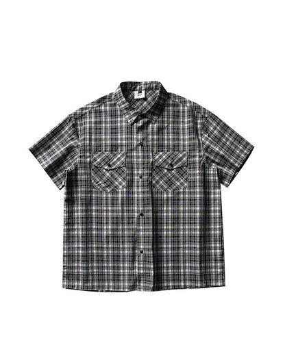 Retro Plaid Double Pocket Cotton Short Sleeve Shirt – Loose Unisex Workwear Casual