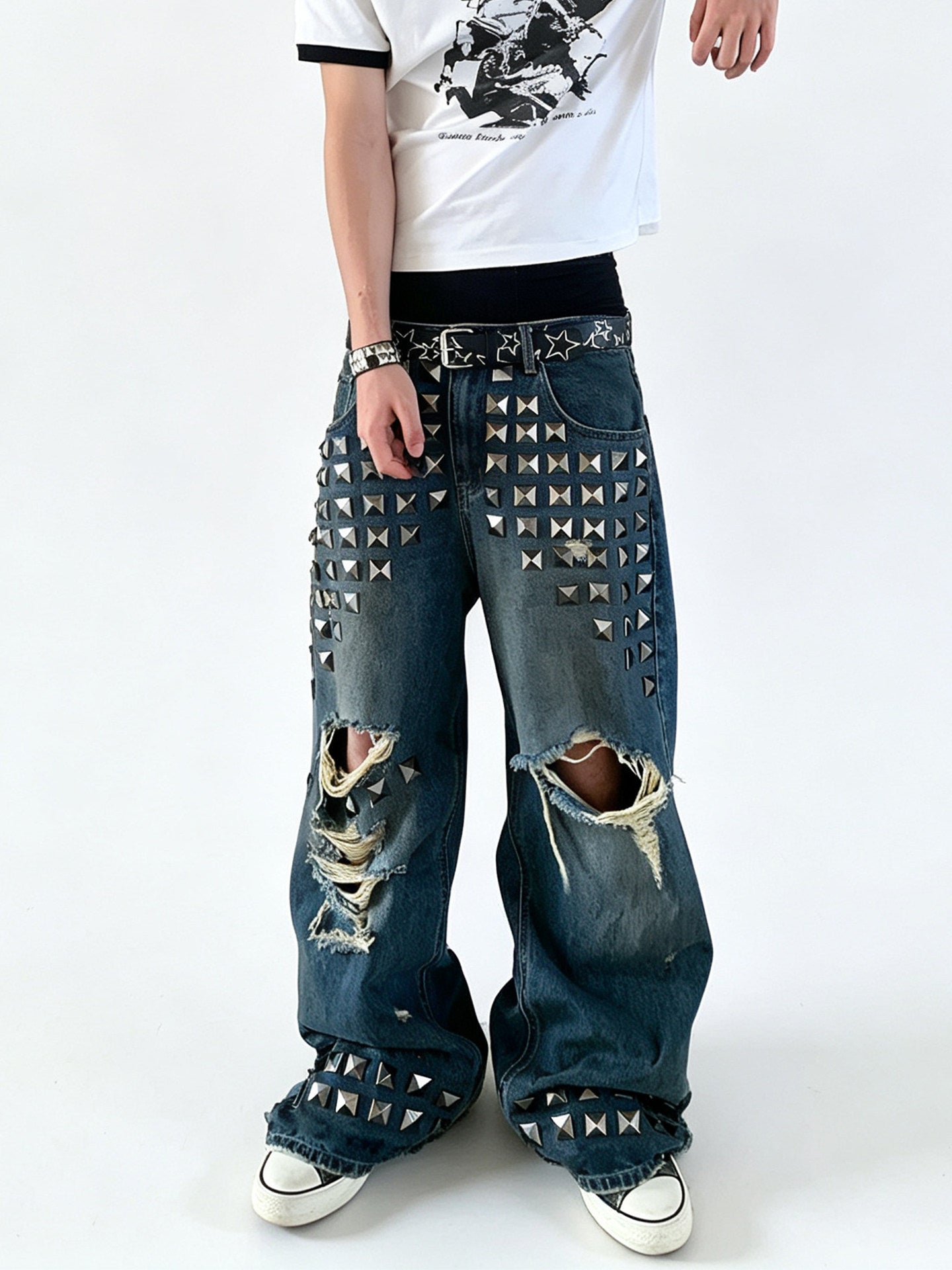 Punk Riveted Ripped Straight-Leg Jeans – Washed Distressed Y2K Vintage Denim