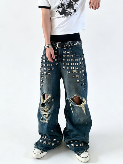 Punk Riveted Ripped Straight-Leg Jeans – Washed Distressed Y2K Vintage Denim