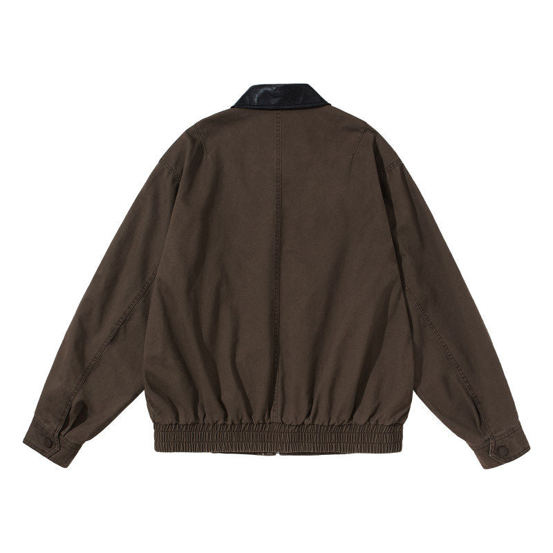 Leather Collar Patchwork Lapel Jacket – Vintage Cargo Cropped Unisex