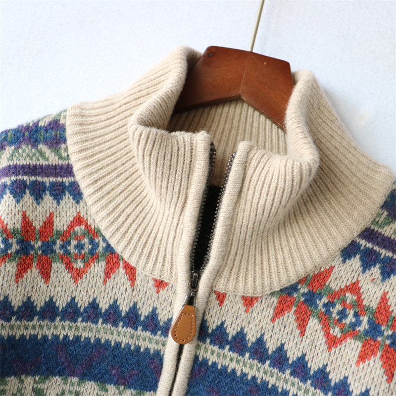 100% Wool Half-Zip Jacquard Stripe Sweater – Men's Ethnic Knit Pullover Khaki