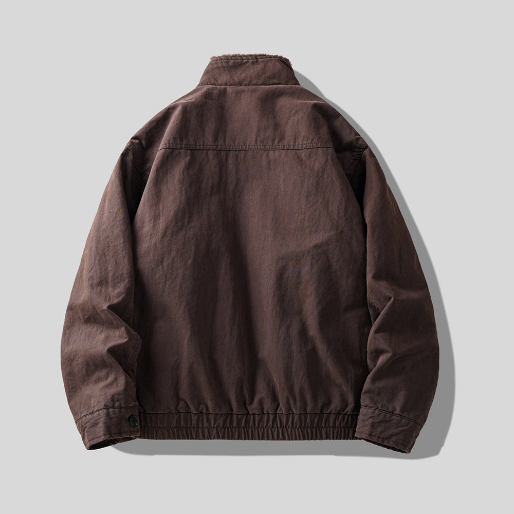 Faux Fur-Lined Jacket – Stand Collar & Gathered Hem | Yamalin clothes | Vintage workwear outfit for men
