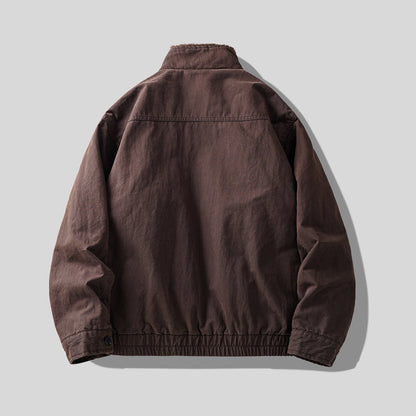 Faux Fur-Lined Jacket – Stand Collar & Gathered Hem | Yamalin clothes | Vintage workwear outfit for men