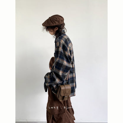 Japanese Vintage Wool-Blend Plaid Shirt – Oversized Unisex Long-Sleeve Preppy Shirt – Japanese vintage | yamalin clothes | Yamalinclothes