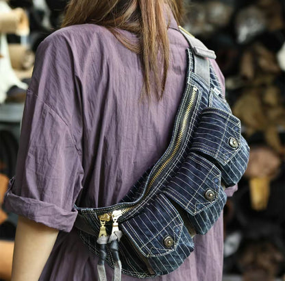 Washed Canvas Distressed Fanny Pack – Vintage 3-Way Chest Crossbody Unisex – Bags | japanese streetwear | vintage workwear | unisex | Yamalinclothes