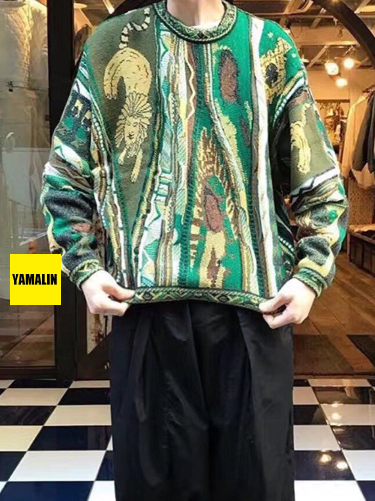 Vintage Green Lion Knit Sweater - Japanese Retro Crew Neck Pullover