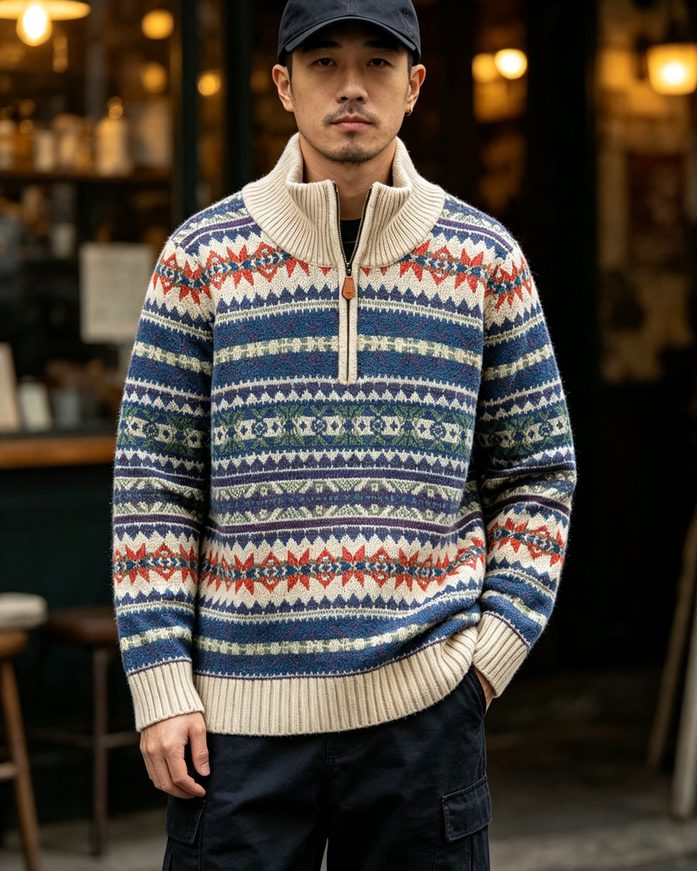 100% Wool Half-Zip Jacquard Stripe Sweater – Men's Ethnic Knit Pullover Khaki
