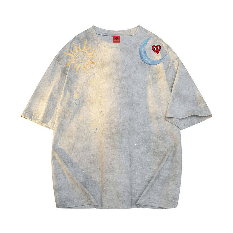 Tie-Dye Sun Moon Print T-Shirt – Loose Unisex Summer Streetwear